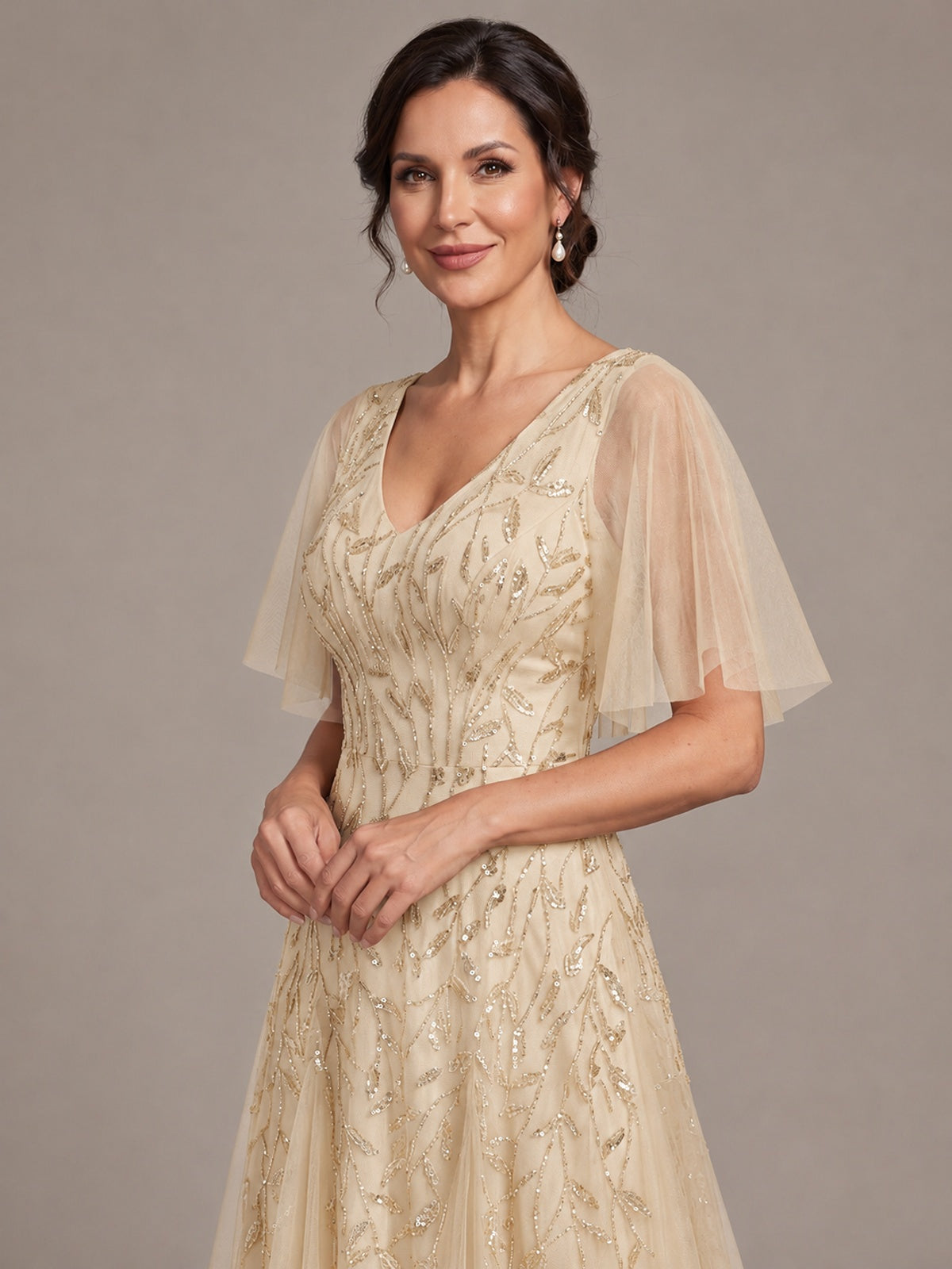 V-Neck Sequin Tulle Mother of the Bride Dress with Flutter Sleeve