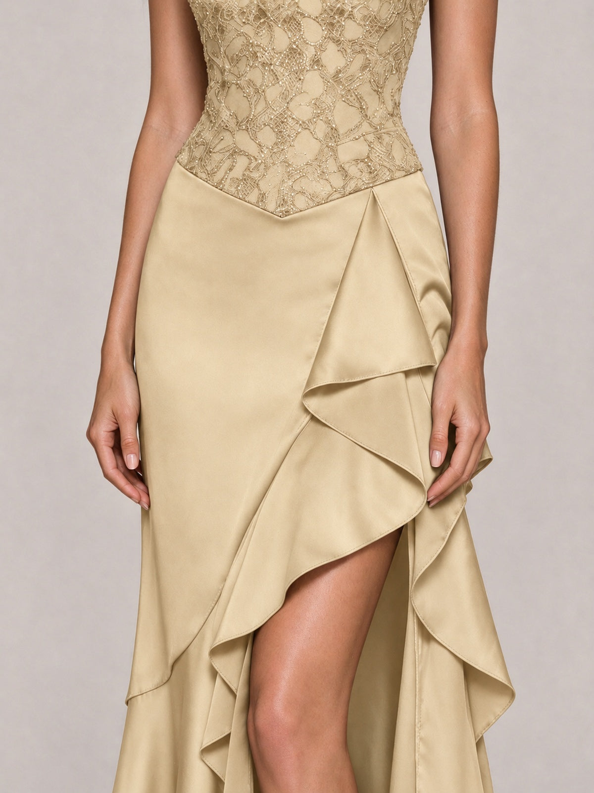 Strapless Lace Appliques Corset Satin Prom Dress Ruffle Slit Evening Gown