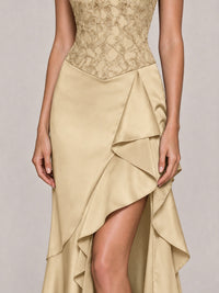 Strapless Lace Appliques Corset Satin Prom Dress Ruffle Slit Evening Gown