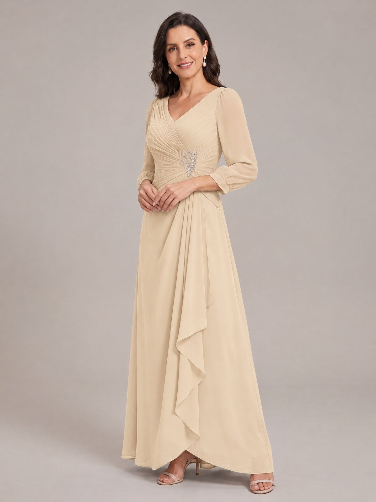 V-Neck Pleated Chiffon Mother of the Bride Dress with Flutter Sleeves