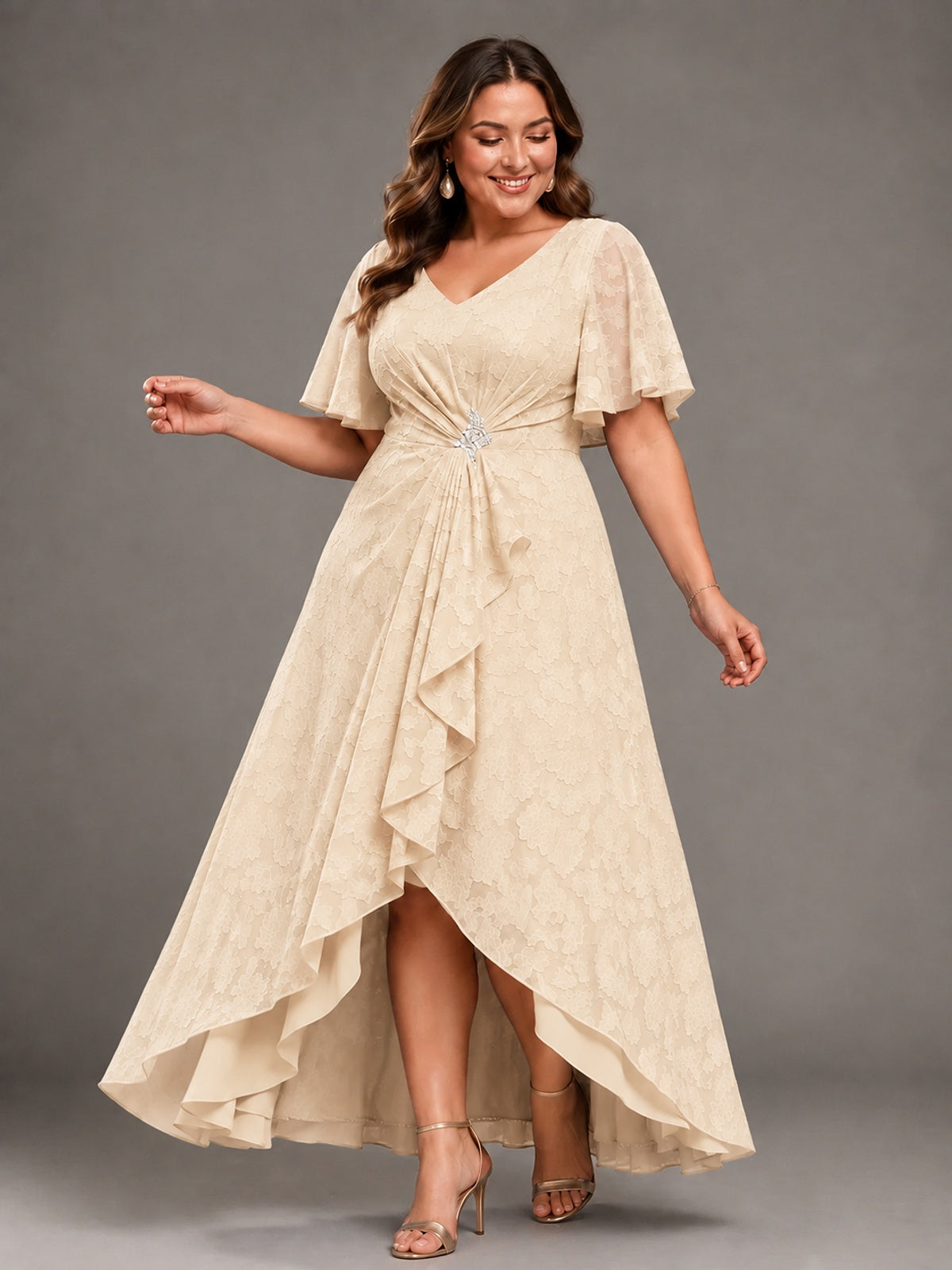 Jacquard Chiffon A-Line V-Neck High-Low Mother of the Bride Dress