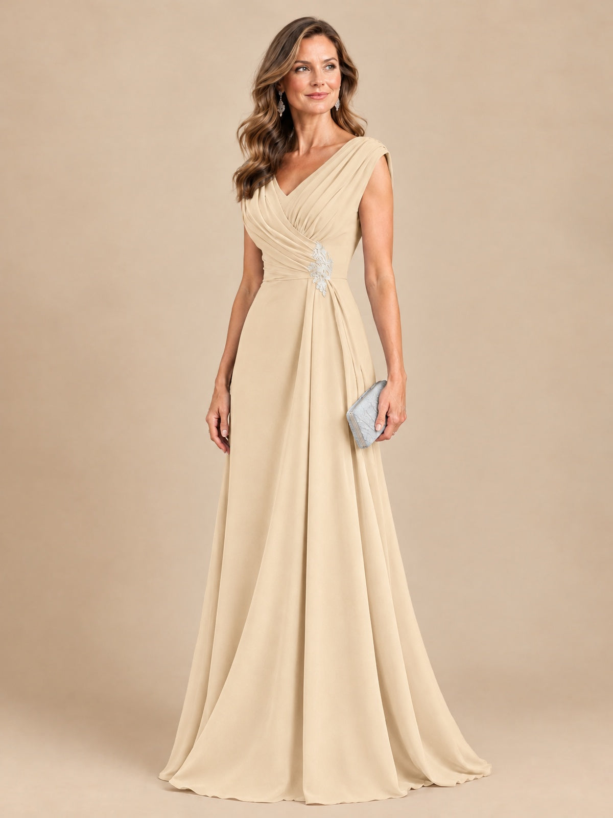 V Neck Pleated Mother of The Bride Dresses with Beading Cap Sleeves