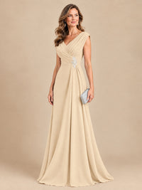 V Neck Pleated Mother of The Bride Dresses with Beading Cap Sleeves