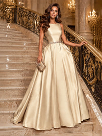 Satin A-Line Prom Dress Sleeveless Beaded Waist Formal Gown with Pockets