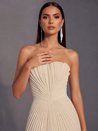 Strapless A-line Long Pleated Satin Prom Dress