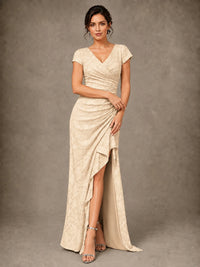 V-Neck Floral Jacquard Mother of the Bride Dress with Slit