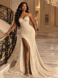 Beaded Sequin Prom Dress Strapless Formal Gowns with High Slit Train