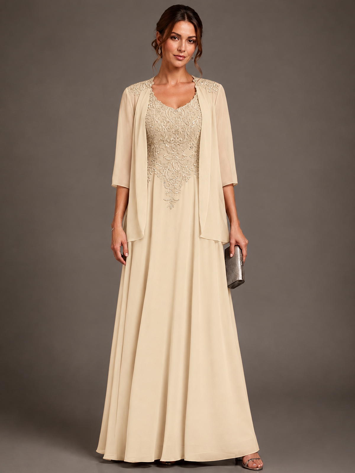 A-line 2 Pieces Chiffon Appliques Mother of The Bride Dresses with Jackets
