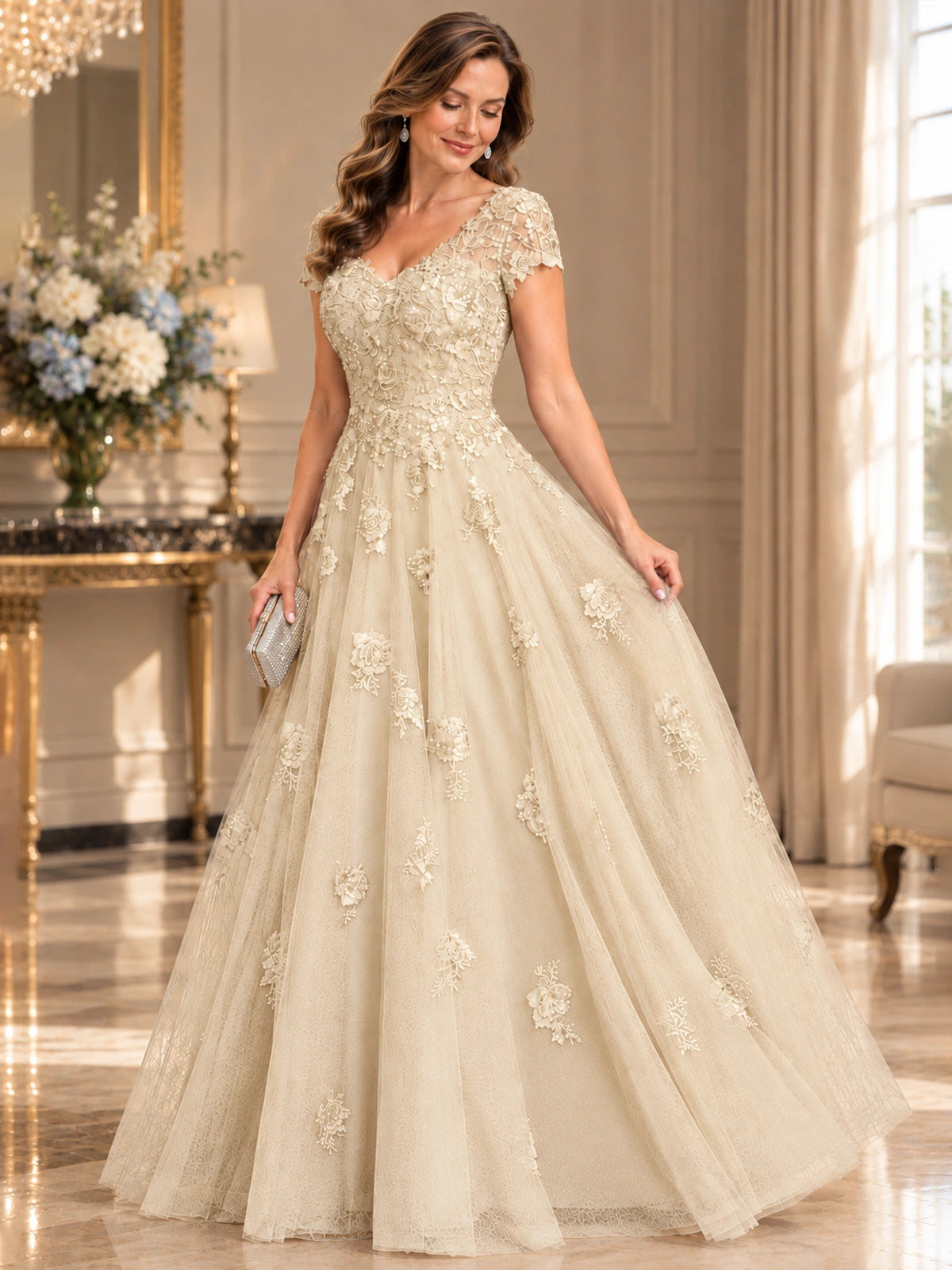 Lace Appliques A-line Mother of The Bride Dresses with Short Sleeves