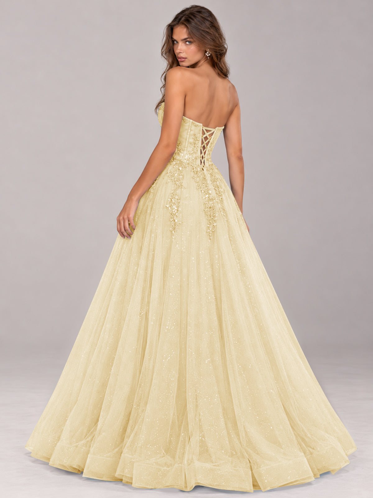 Strapless Sweetheart Beaded Corset Glitter Tulle Ball Gown Prom Dress