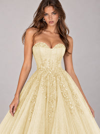 Strapless Sweetheart Beaded Corset Glitter Tulle Ball Gown Prom Dress