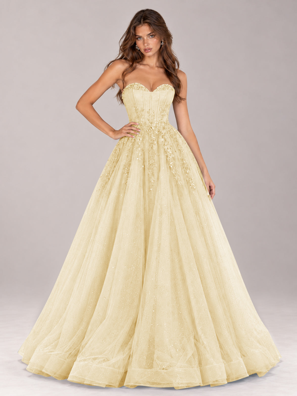 Strapless Sweetheart Beaded Corset Glitter Tulle Ball Gown Prom Dress
