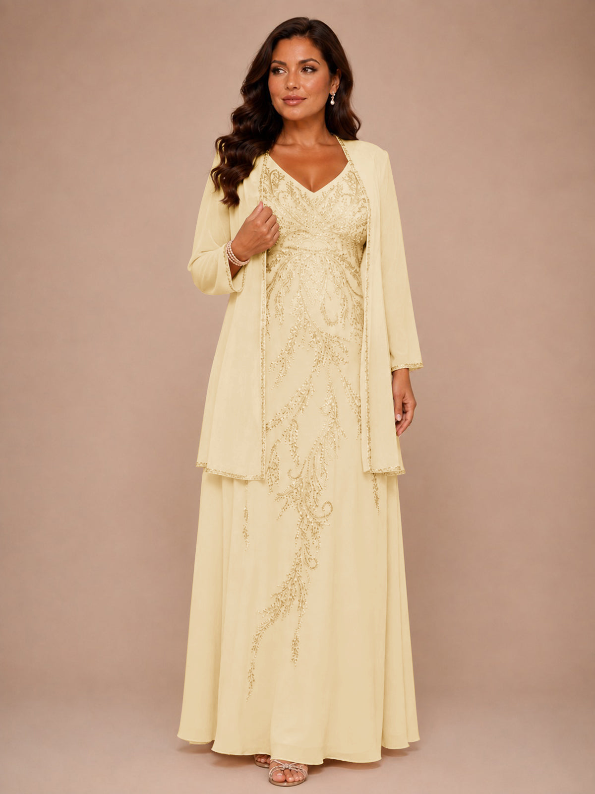 Champagne Beaded Chiffon Mother of the Bride Dress with Jacket V-Neck Gown