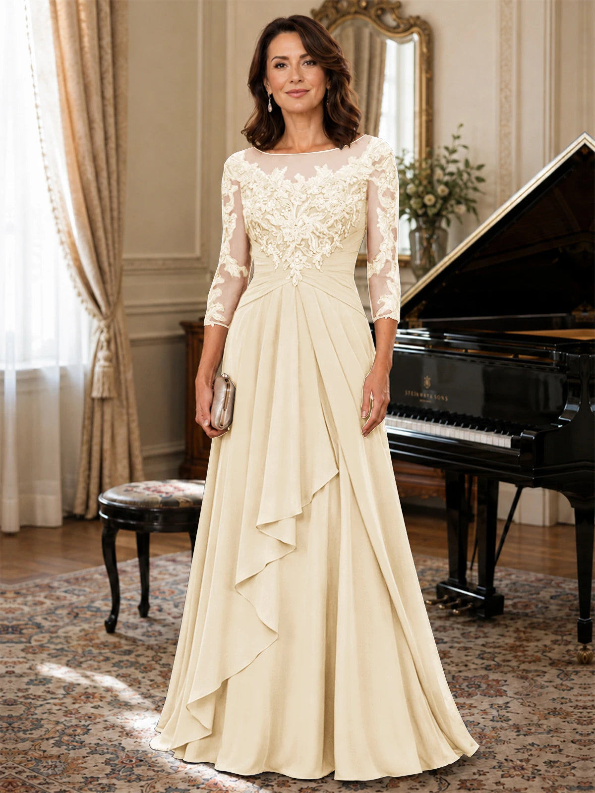 A-Line Chiffon Mother of the Bride Dress with Floral Applique 3/4 Sleeves