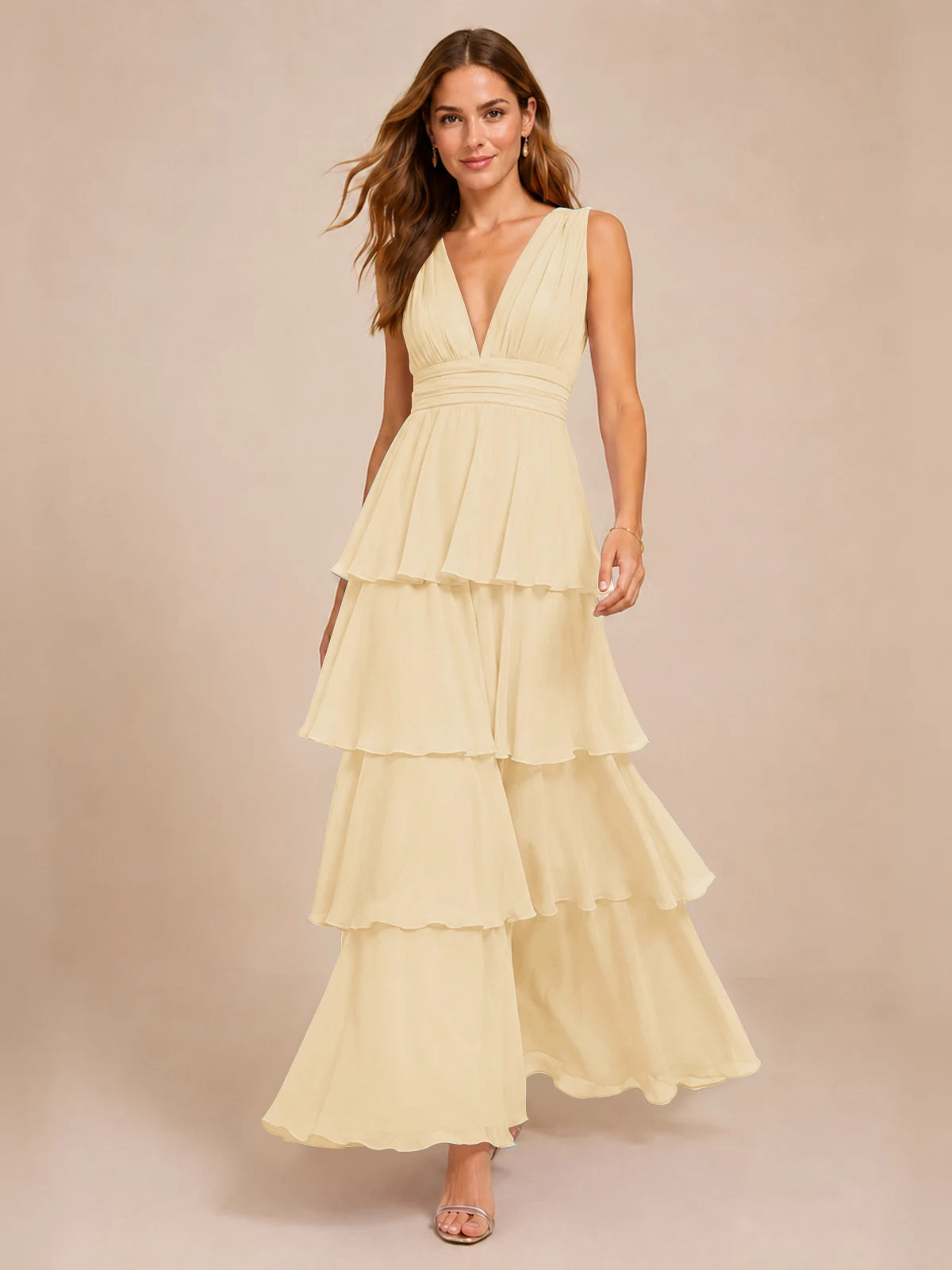 Elegant Deep V Neck Chiffon Bridesmaid Dress with Tiered Ruffles