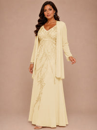Champagne Beaded Chiffon Mother of the Bride Dress with Jacket V-Neck Gown