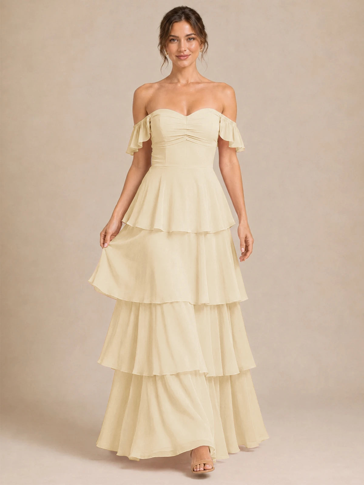 Off Shoulder Tiered Chiffon A-Line Bridesmaid Dress