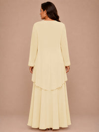 Champagne Beaded Chiffon Mother of the Bride Dress with Jacket V-Neck Gown