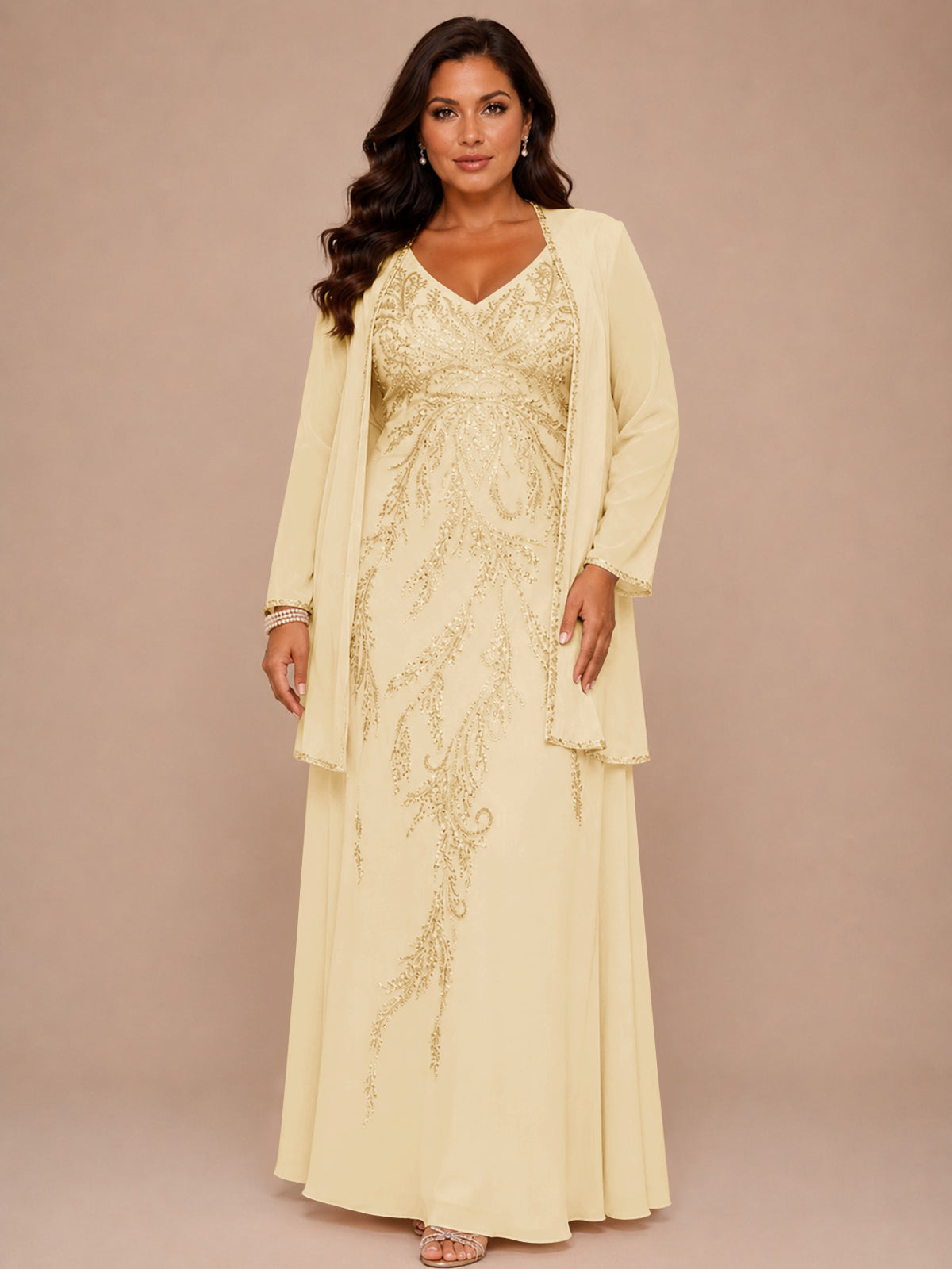 Champagne Beaded Chiffon Mother of the Bride Dress with Jacket V-Neck Gown