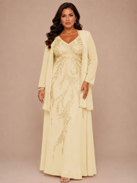 Champagne Beaded Chiffon Mother of the Bride Dress with Jacket V-Neck Gown