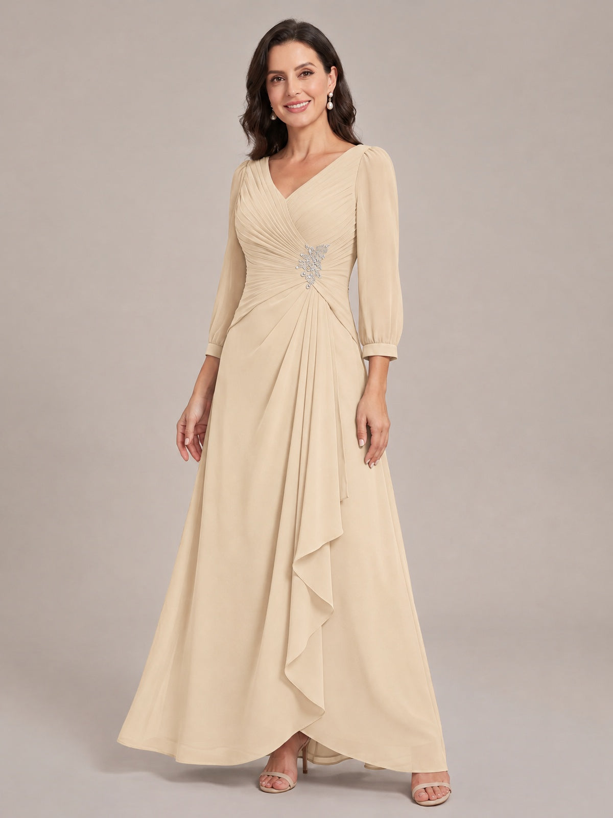 V-Neck Pleated Chiffon Mother of the Bride Dress with Flutter Sleeves