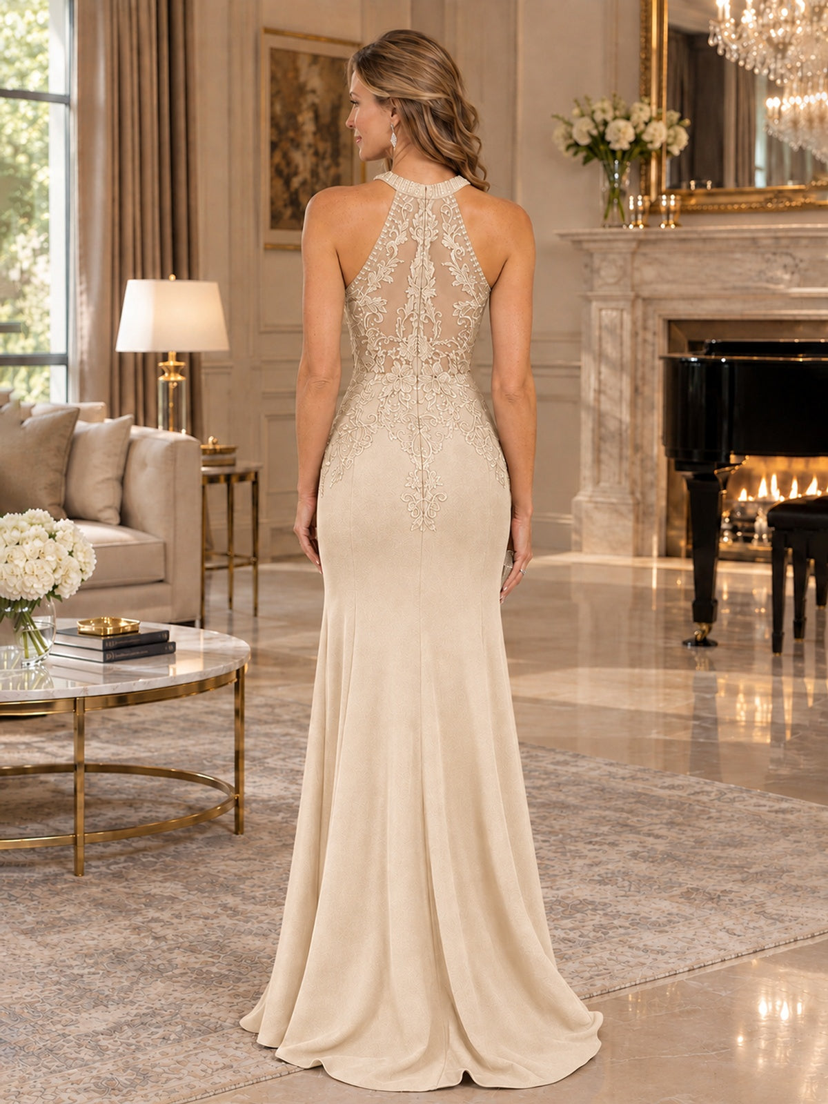 Halter Neckline Lace Appliques Mother of The Bride Dresses