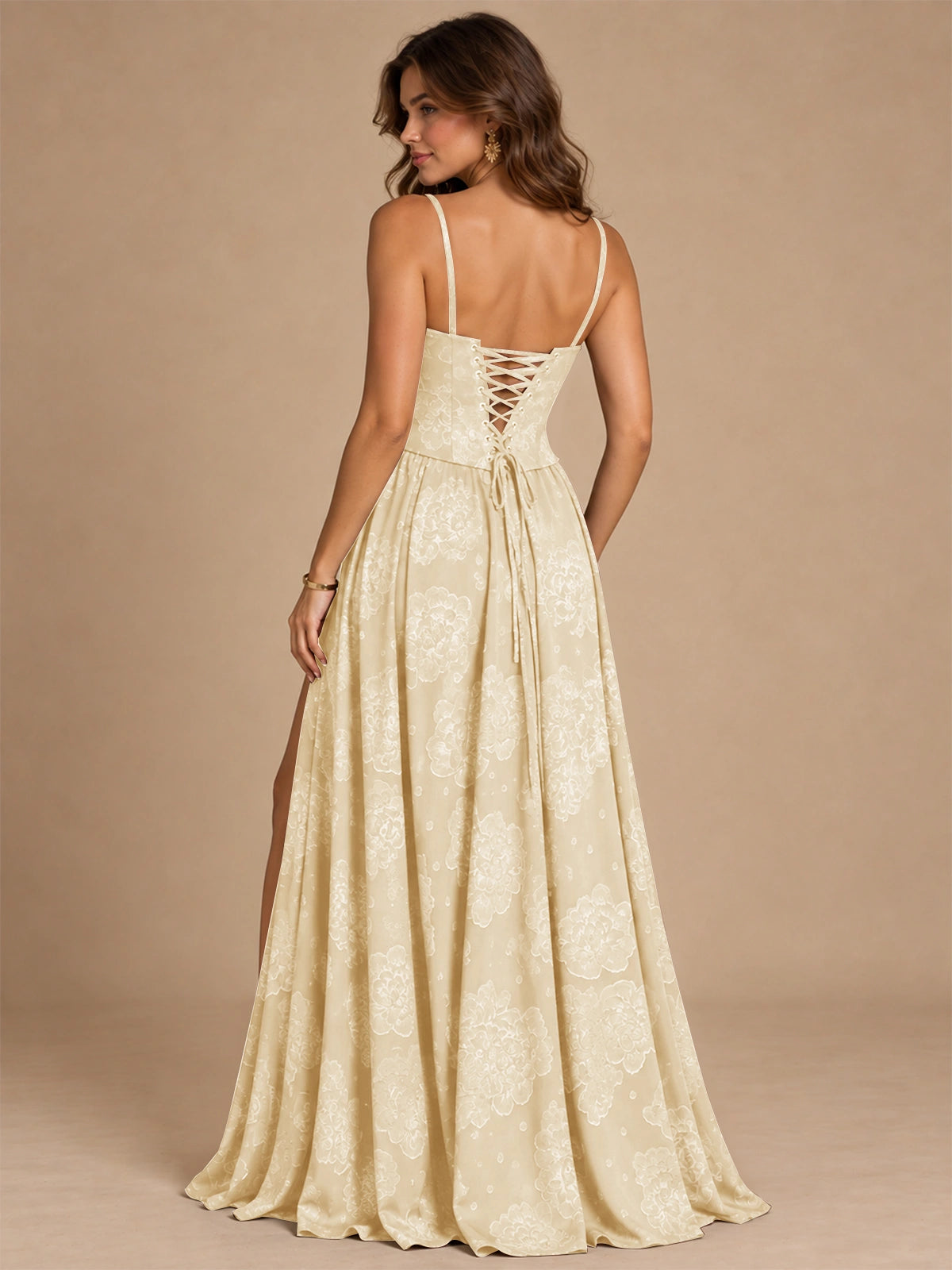 Chocolate Brown Floral Strapless Corset A-Line Evening Gown with Slit
