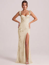 Sweetheart Floral Applique Corset Mermaid Prom Dress with High Slit