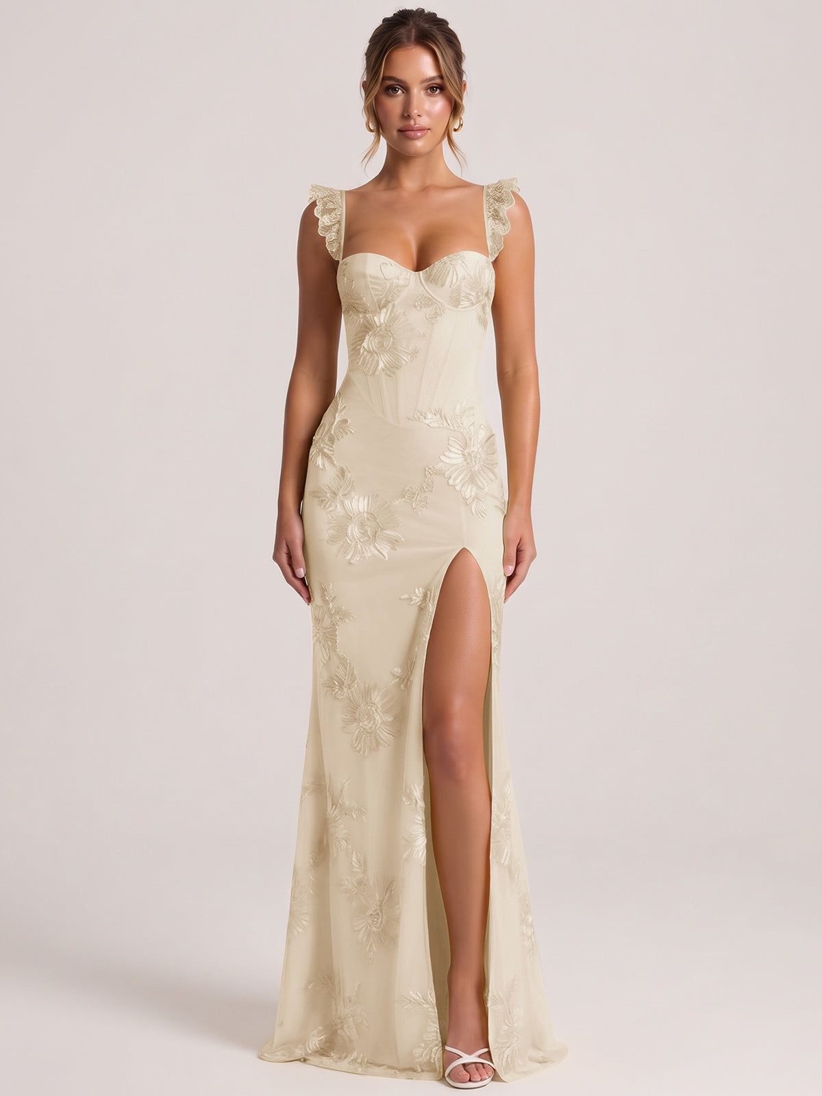 Champagne Sweetheart Floral Applique Corset Mermaid Prom Dress with High Slit Long Formal Evening Gown