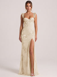 Champagne Sweetheart Floral Applique Corset Mermaid Prom Dress with High Slit Long Formal Evening Gown