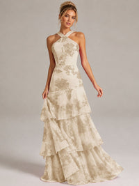 Tiered Ruffles Halter Floral Applique Prom Dress