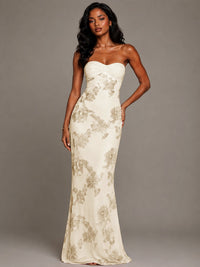 Strapless Floral Applique Mermaid Prom Dress