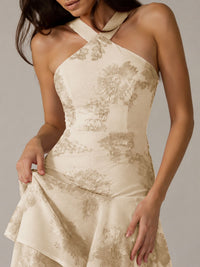 Tiered Ruffles Halter Floral Applique Prom Dress