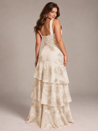 Tiered Ruffles Halter Floral Applique Prom Dress