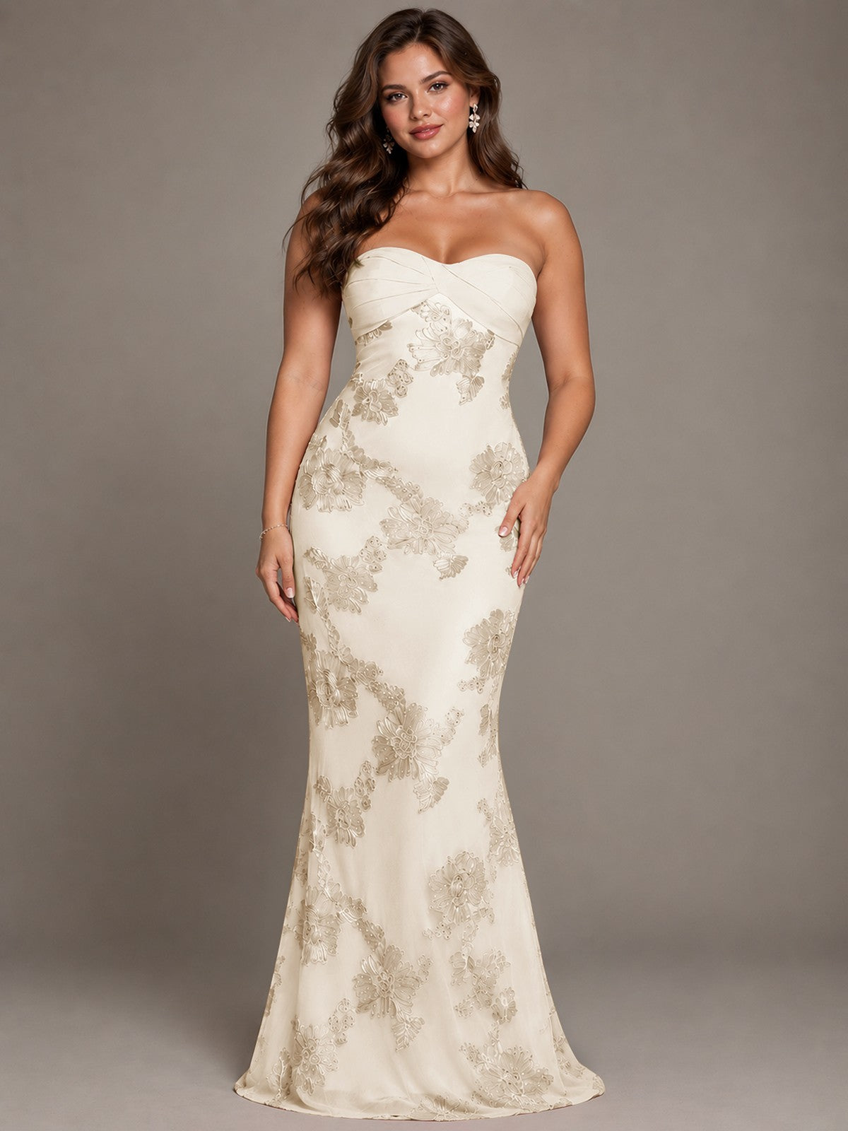 Strapless Floral Applique Mermaid Prom Dress