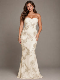 Strapless Floral Applique Mermaid Prom Dress