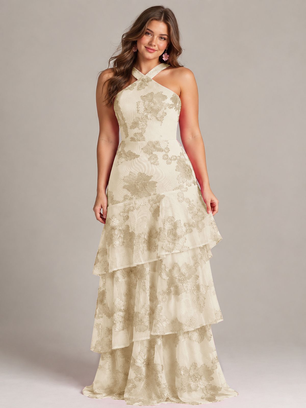 Tiered Ruffles Halter Floral Applique Prom Dress