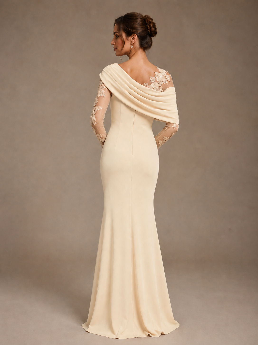 Dusty Rose Illusion Long Sleeve Chiffon Applique Mother of The Bride Dress