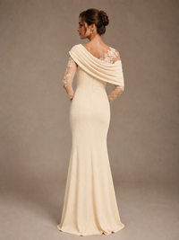 Dusty Rose Illusion Long Sleeve Chiffon Applique Mother of The Bride Dress