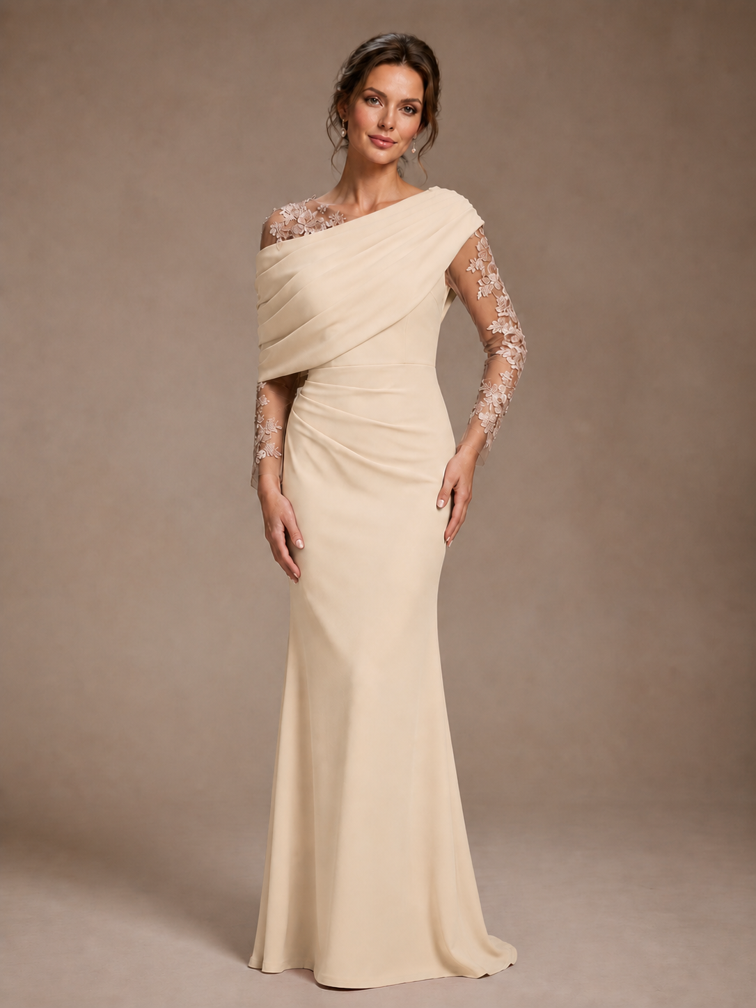 Dusty Rose Illusion Long Sleeve Chiffon Applique Mother of The Bride Dress