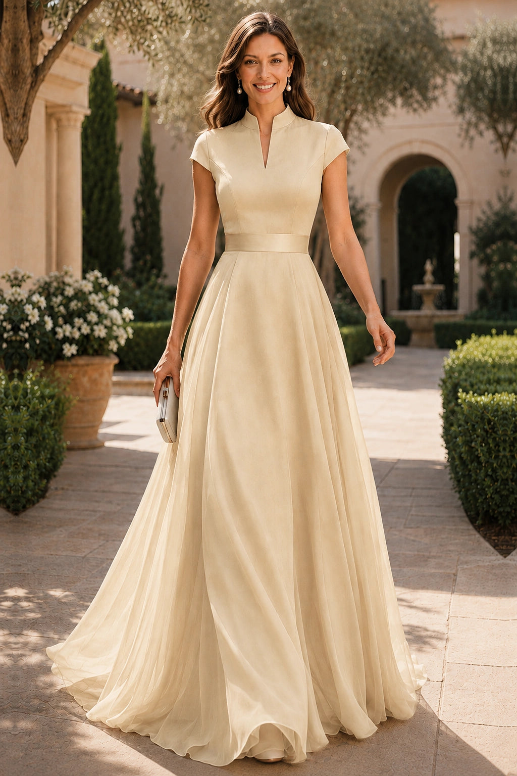 V Neck Cap Sleeve A-Line Floor-Length Satin Bridesmaid Dress