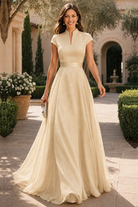 V Neck Cap Sleeve A-Line Floor-Length Satin Bridesmaid Dress