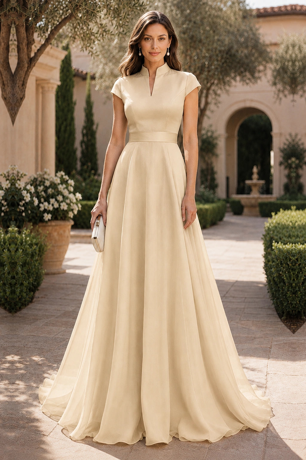 V Neck Cap Sleeve A-Line Floor-Length Satin Bridesmaid Dress