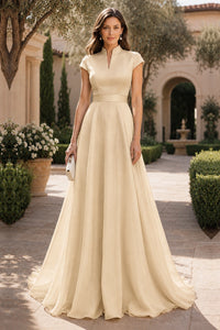V Neck Cap Sleeve A-Line Floor-Length Satin Bridesmaid Dress
