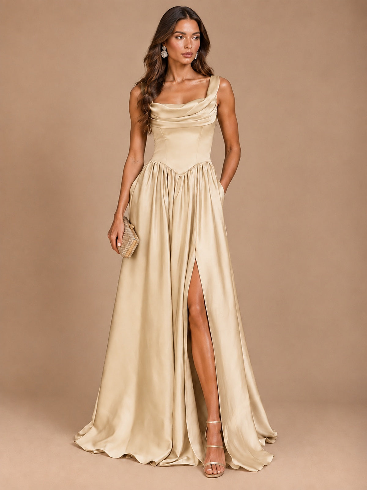 Cowl Neck Pleated Satin Prom Dress with Pockets & Slit Maxi Formal Gowns