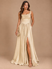 Cowl Neck Pleated Satin Prom Dress with Pockets & Slit Maxi Formal Gowns