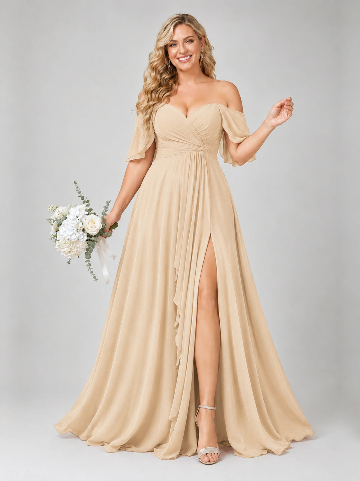 Off Shoulder Chiffon Bridesmaid Dress with Slit