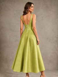 Tea-Length Satin Mother of the Bride Dress with 3D Flower Detail