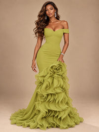 Dusty Blue Off-the-Shoulder Mermaid Prom Dress with 3D Rose & Ruffles