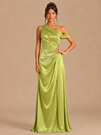 Chartreuse-satin one shoulder prom dress ruched long formal gow Jovelle